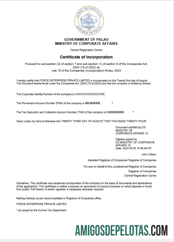 Certificado de registro comercial de Palau para download, modelo Word e PDF